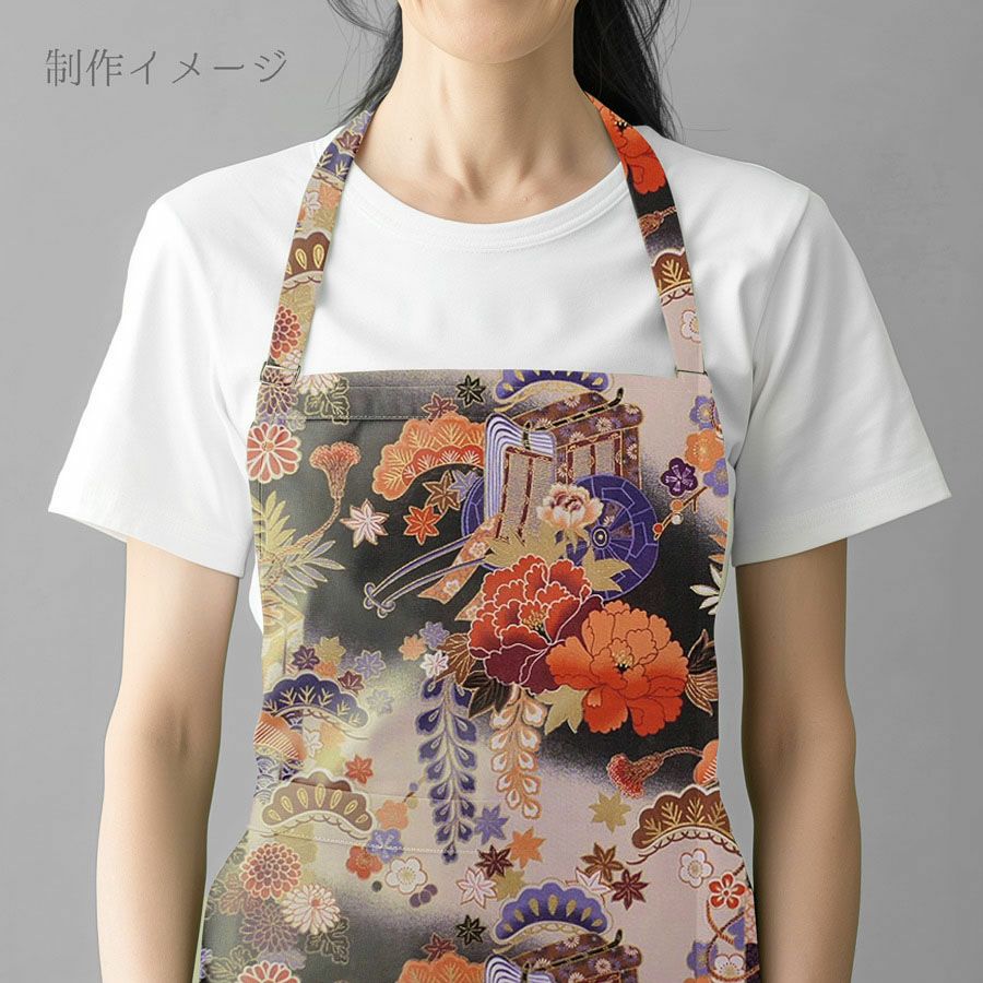  和柄コットン生地 御所車と貝桶に和花尽くし(墨色) 10cm単位 切り売り 着物柄広幅布地