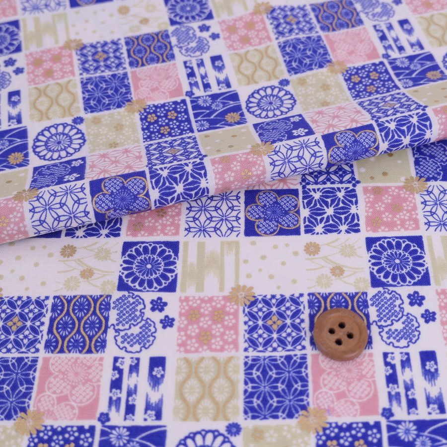 和柄コットン生地 市松パッチワーク文様(青) 10cm単位 切り売り |生地