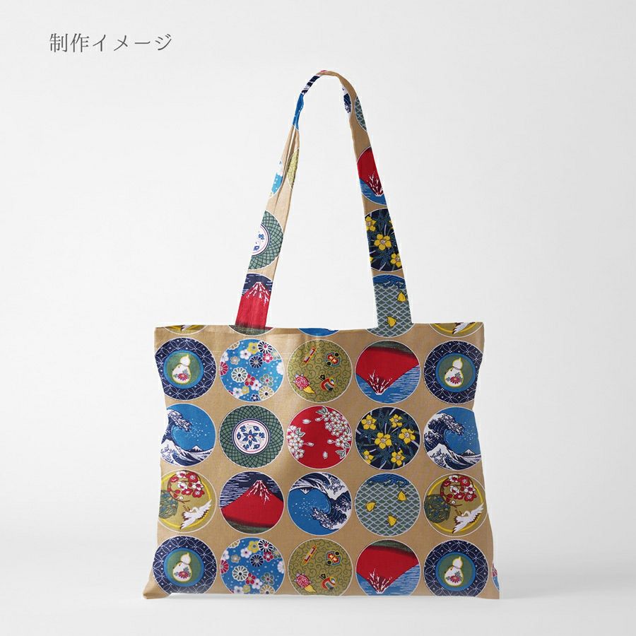 和柄コットン生地 丸紋日本めぐり(ベージュ) 10cm単位 切り売り