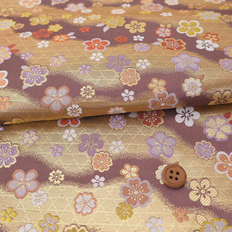 金襴生地(金らん) かごめ霞に梅桜(藤ねず) 10cm単位 切り売り
