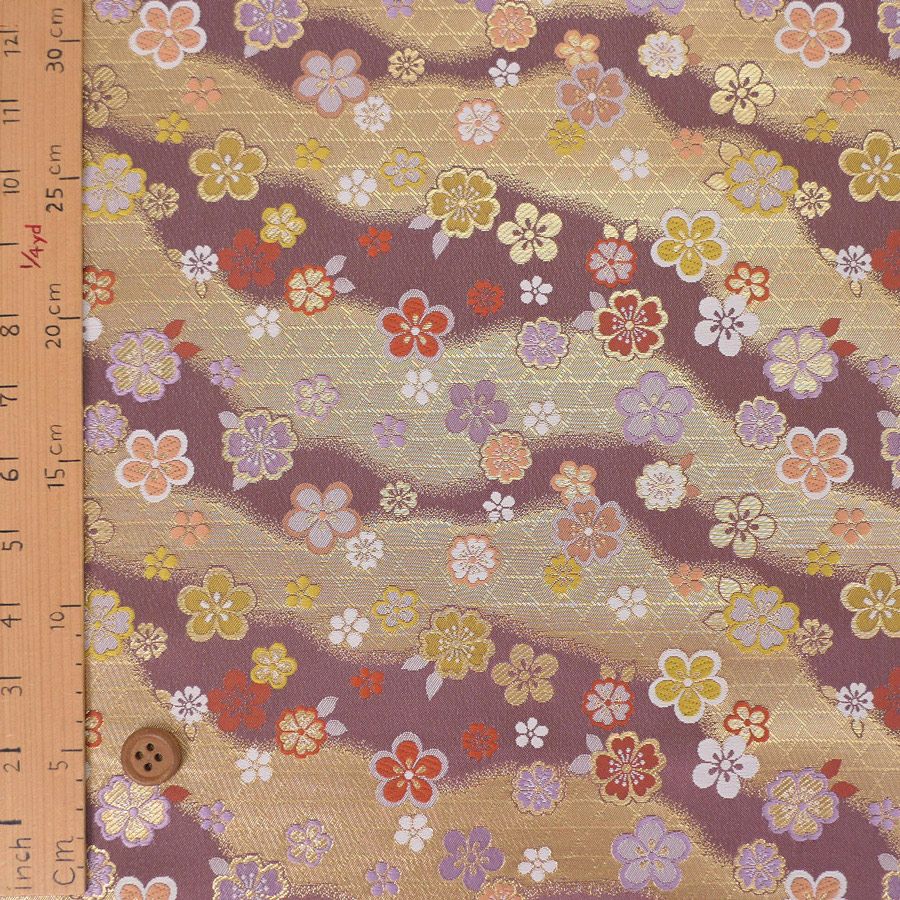 金襴生地(金らん) かごめ霞に梅桜(藤ねず) 10cm単位 切り売り