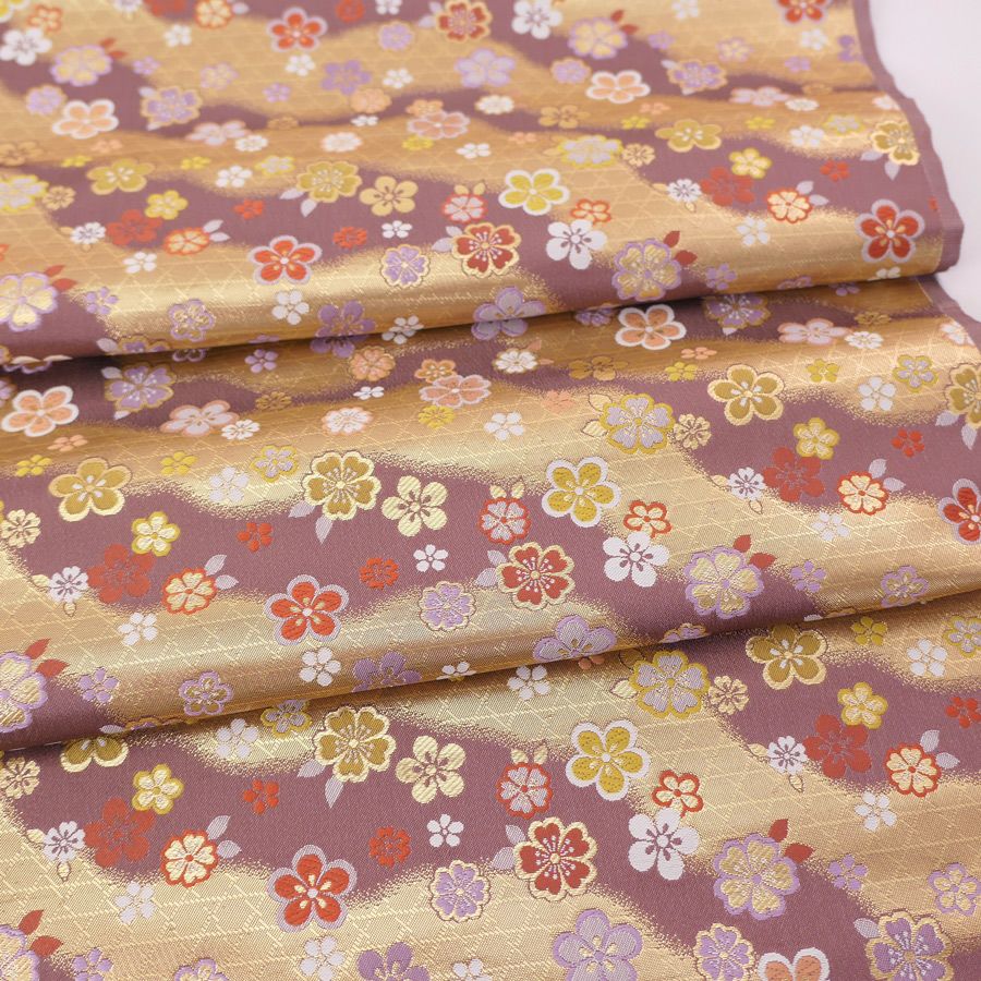金襴生地(金らん) かごめ霞に梅桜(藤ねず) 10cm単位 切り売り