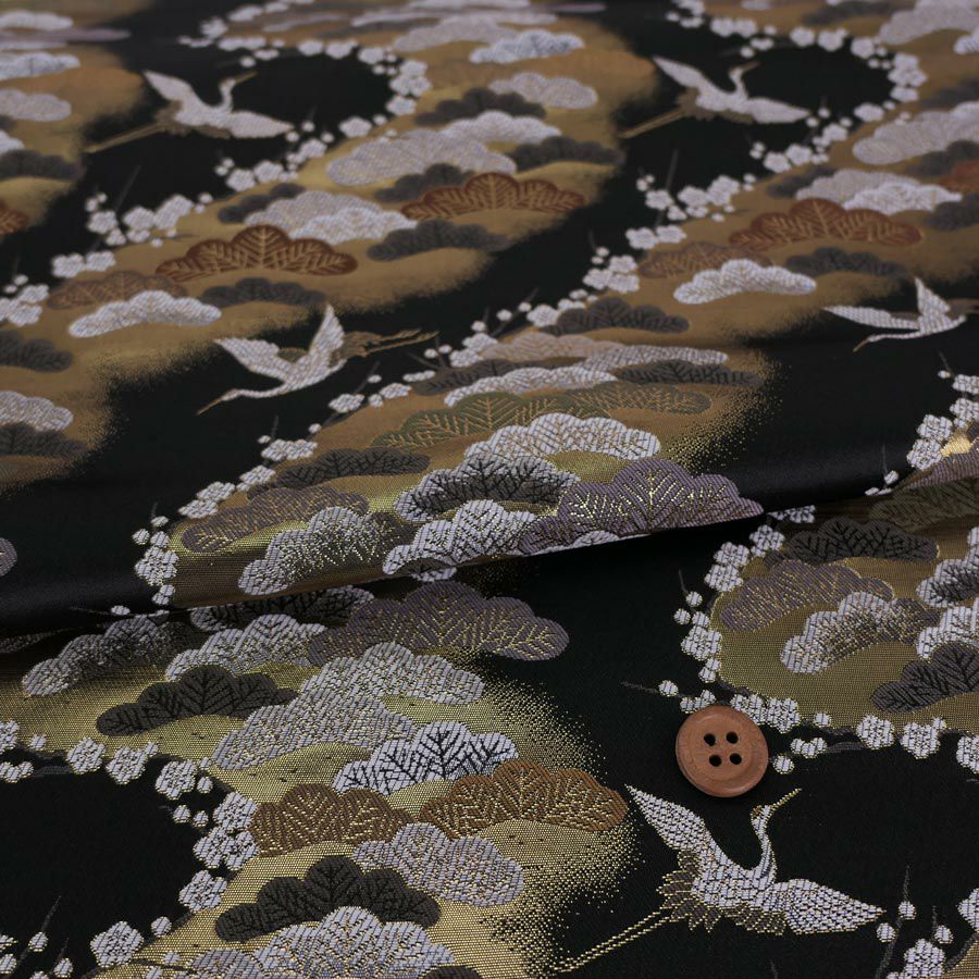金襴生地(金らん) 松霞に鶴と梅(黒) 10cm単位 切り売り