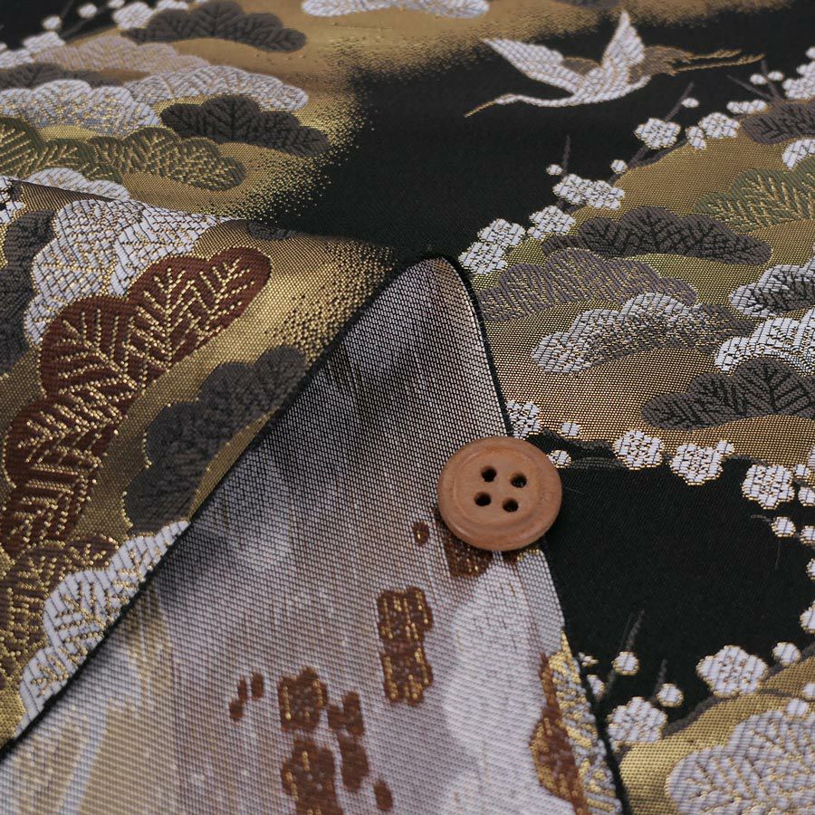 金襴生地(金らん) 松霞に鶴と梅(黒) 10cm単位 切り売り