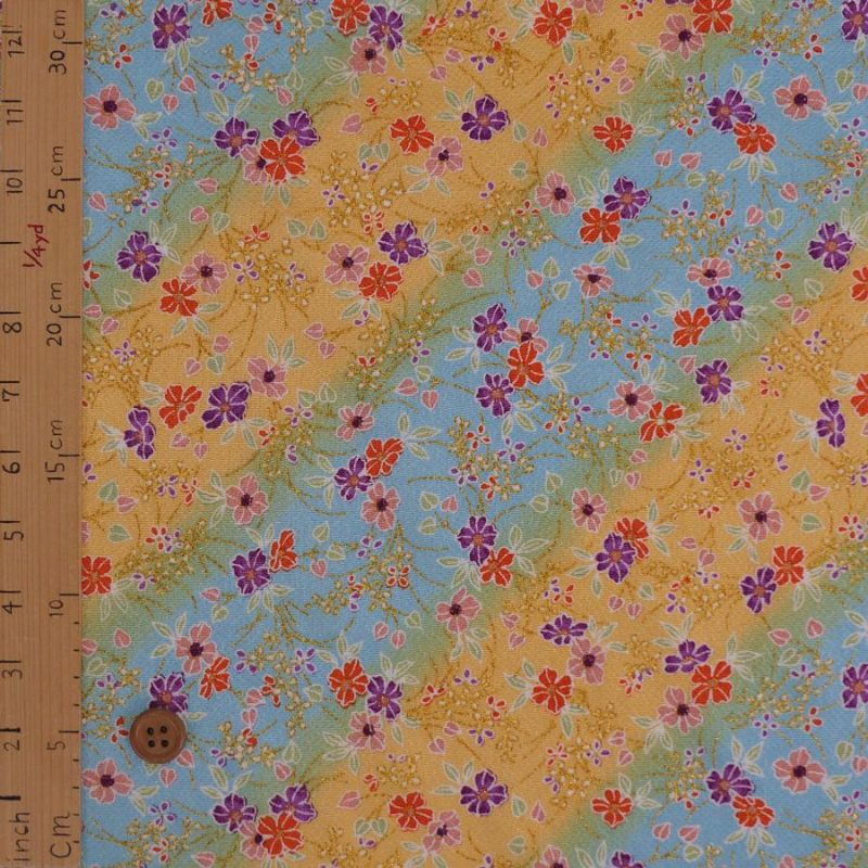 ちりめん生地 きらめく花のお庭(水色/黄色) 10cm単位 切り売り