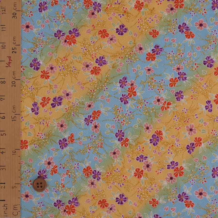 ちりめん生地 きらめく花のお庭(水色/黄色) 10cm単位 切り売り