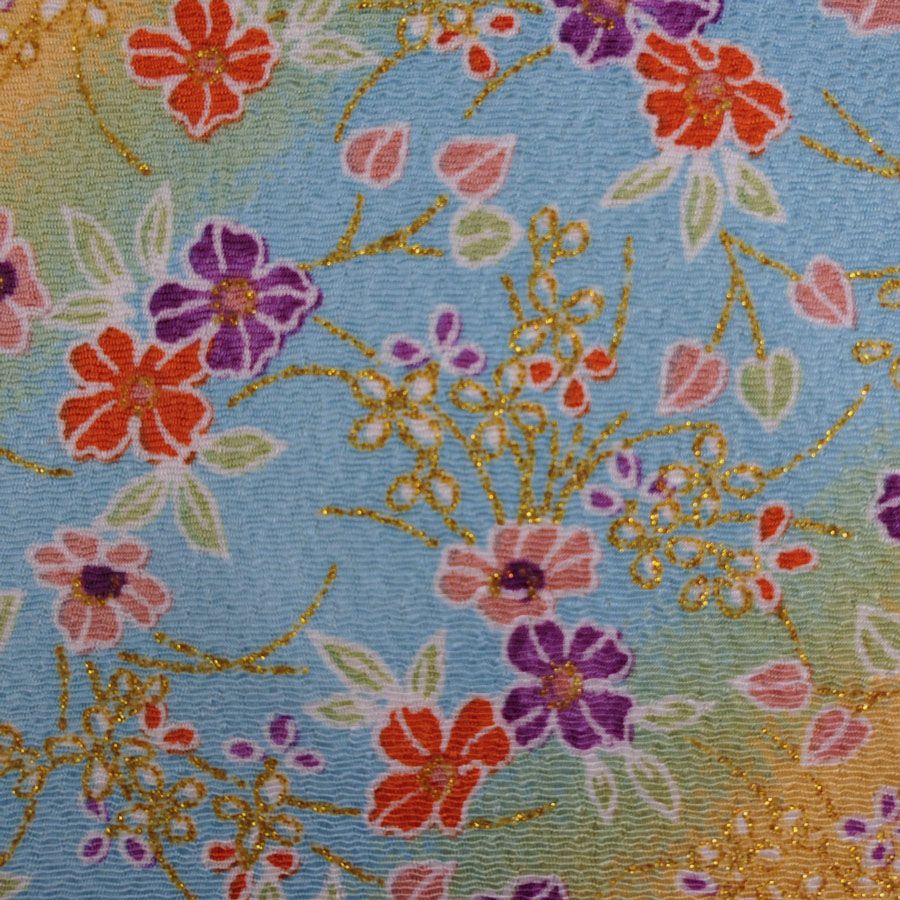 ちりめん生地 きらめく花のお庭(水色/黄色) 10cm単位 切り売り