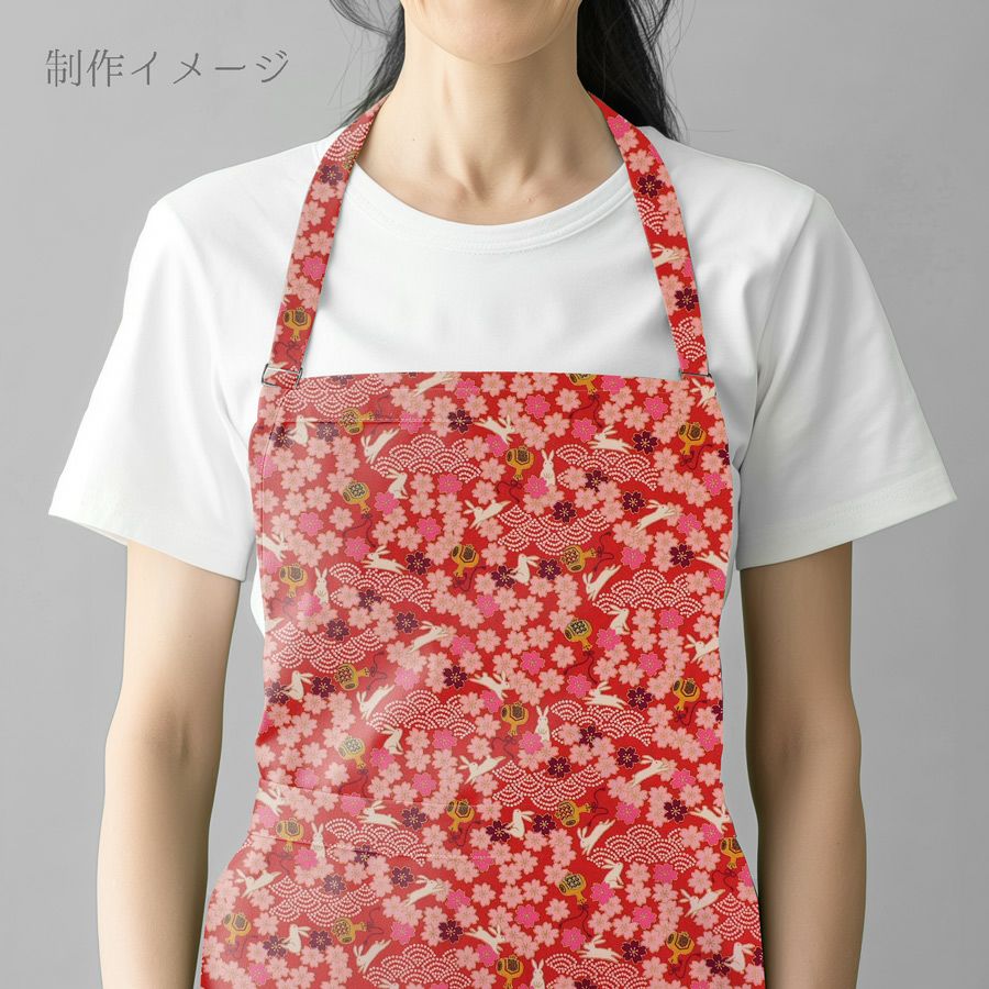 和柄コットン生地 うさぎと桜の吉祥文様(赤) 10cm単位 切り売り