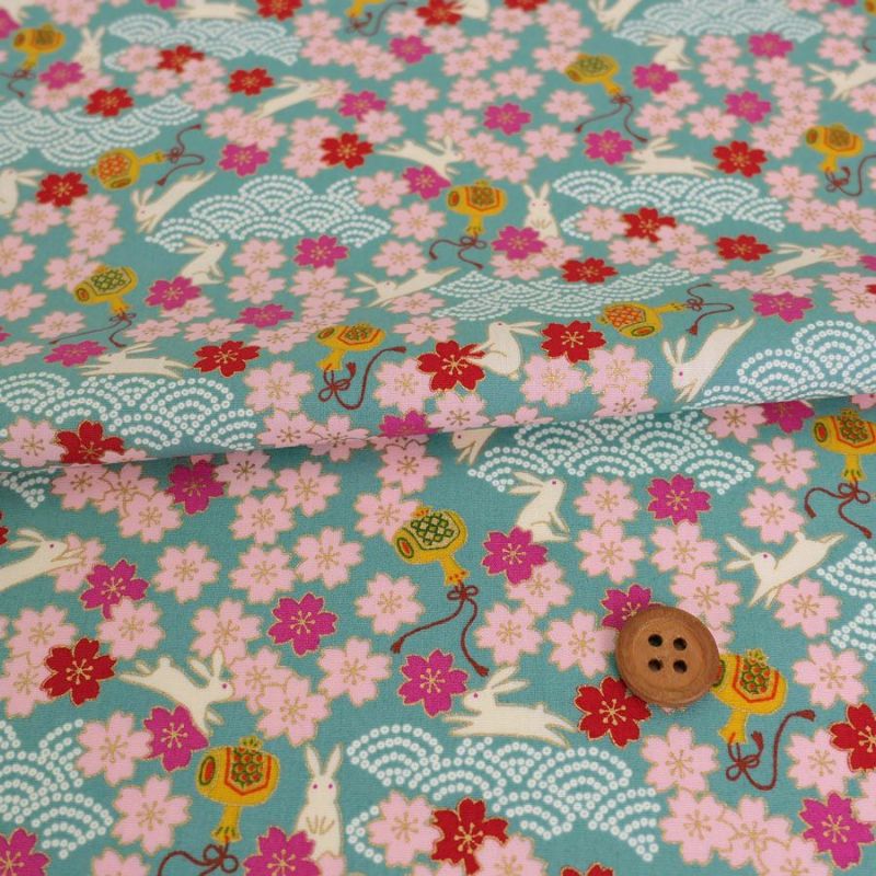 和柄コットン生地 うさぎと桜の吉祥文様(ブルー) 10cm単位 切り売り