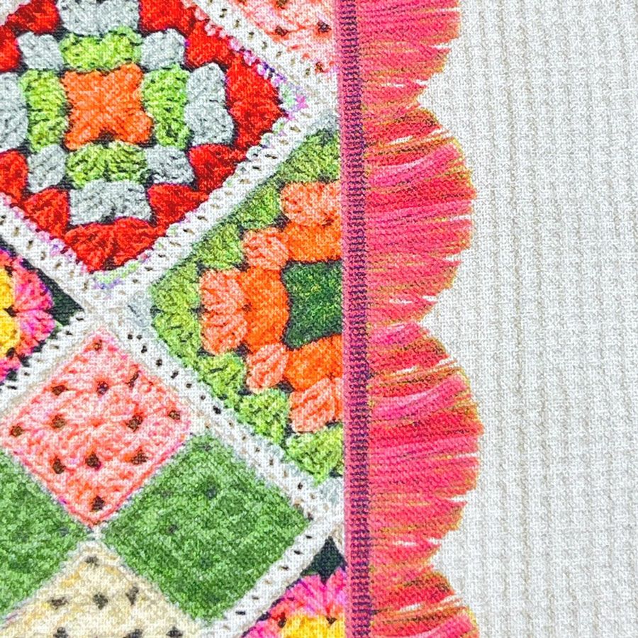 コットン生地 かぎ針編みのモチーフ柄(グリーンオレンジ) 10cm単位 切り売り