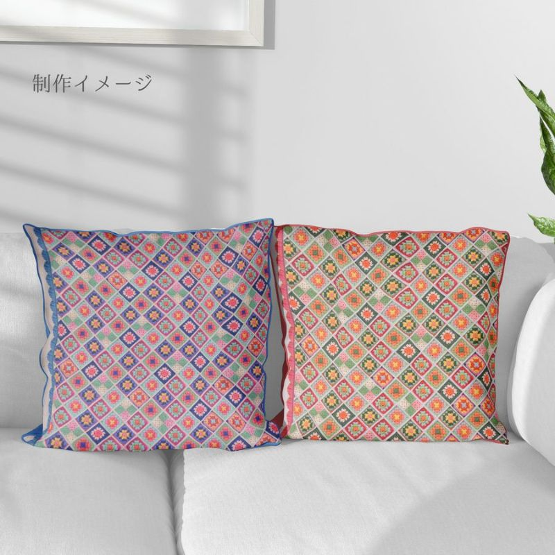 コットン生地 かぎ針編みのモチーフ柄(ブルーピンク) 10cm単位 切り売り