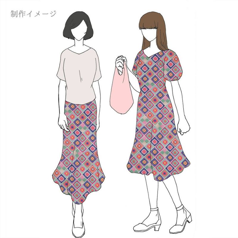 コットン生地 かぎ針編みのモチーフ柄(ブルーピンク) 10cm単位 切り売り